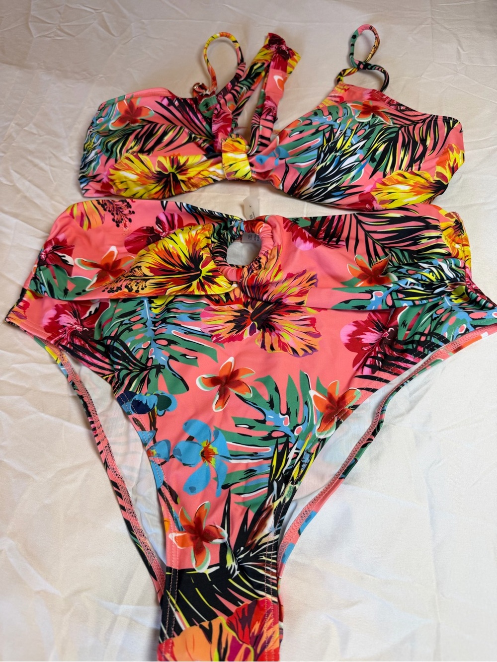 Girls' Pink Tropical Floral High-Waist Two-Piece Swimsuit
